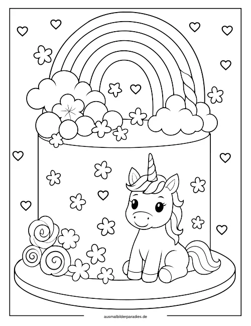 Einhorn Torte Ausmalbild 17 als Gratis-PDF Einhorn Torte Ausmalbild 17 - kostenlos zum Ausdrucken