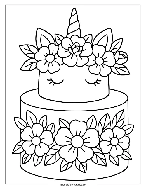 Einhorn Torte Ausmalbild 2 als Gratis-PDF Einhorn Torte Ausmalbild 2 - kostenlos zum Ausdrucken
