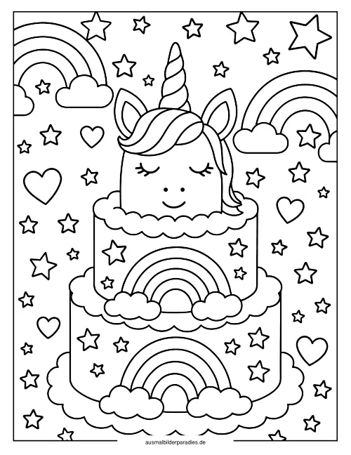 Einhorn Torte Ausmalbild 24 als Gratis-PDF Einhorn Torte Ausmalbild 24 - kostenlos zum Ausdrucken