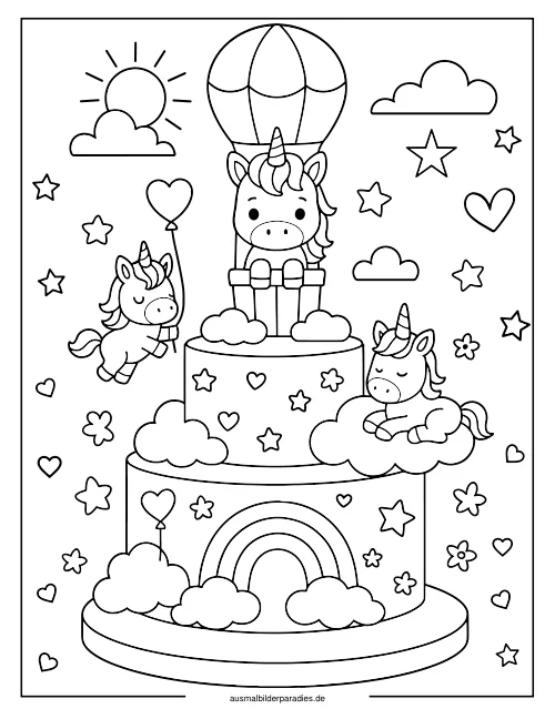 Einhorn Torte Ausmalbild 34 als Gratis-PDF Einhorn Torte Ausmalbild 34 - kostenlos zum Ausdrucken