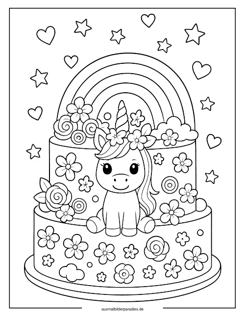 Einhorn Torte Ausmalbild 35 als Gratis-PDF Einhorn Torte Ausmalbild 35 - kostenlos zum Ausdrucken
