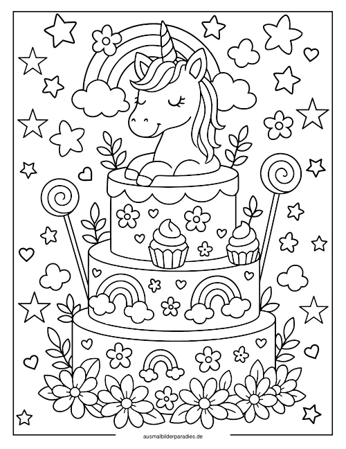 Einhorn Torte Ausmalbild 5 als Gratis-PDF Einhorn Torte Ausmalbild 5 - kostenlos zum Ausdrucken