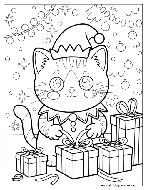 Weihnachtskatze Ausmalbild 12 - kostenlos zum Ausdrucken