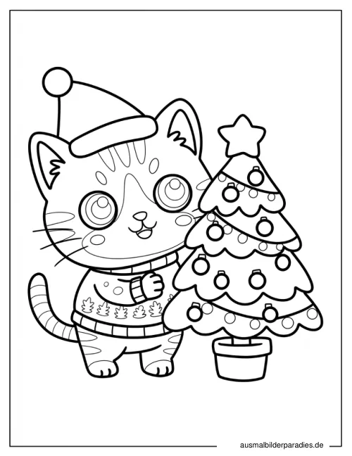 Weihnachtskatze Ausmalbild 2 - kostenlos zum Ausdrucken