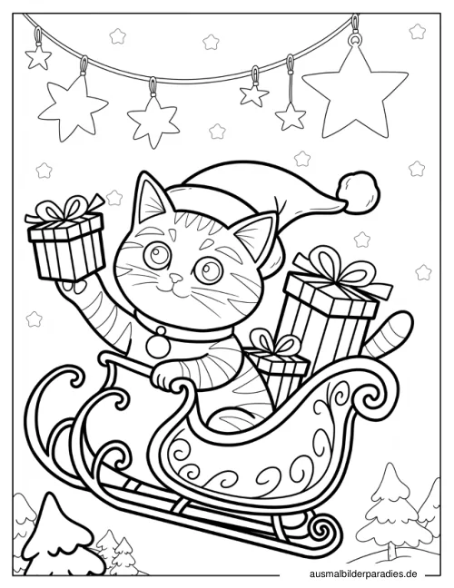 Weihnachtskatze Ausmalbild 7 - kostenlos zum Ausdrucken