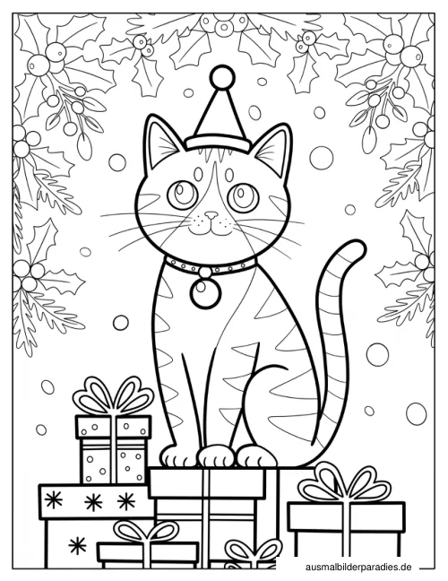 Weihnachtskatze Ausmalbild 8 - kostenlos zum Ausdrucken