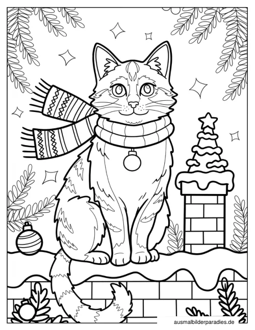 Weihnachtskatze Ausmalbild 9 - kostenlos zum Ausdrucken